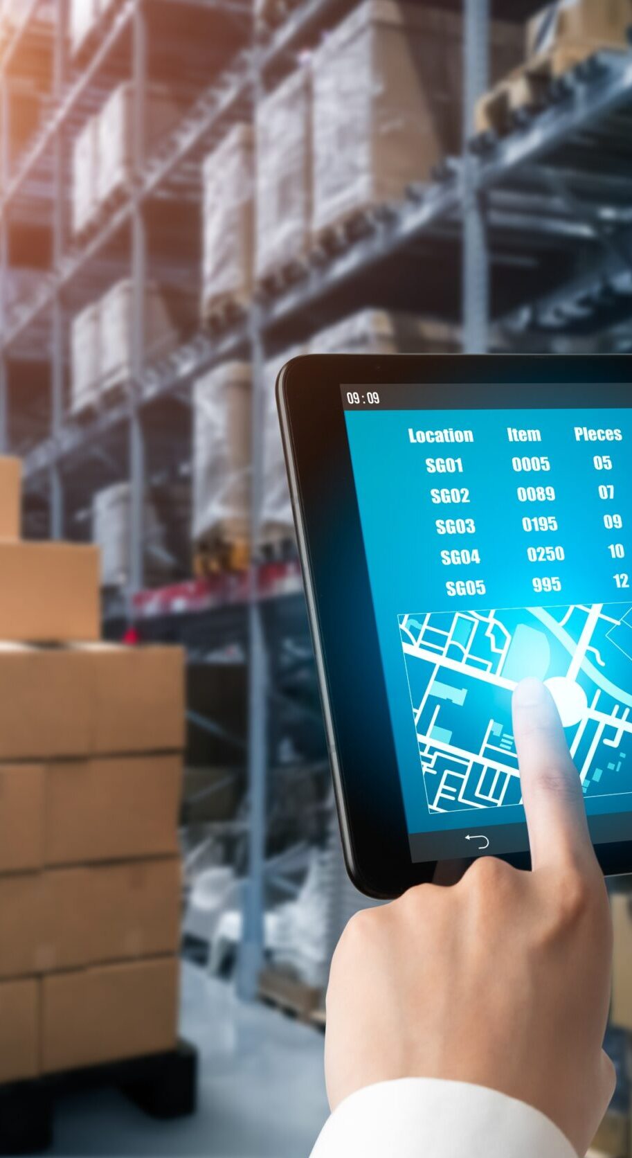 Warehouse management innovative software in computer for real time monitoring of goods package delivery . Computer screen showing smart inventory dashboard for storage and supply chain distribution .