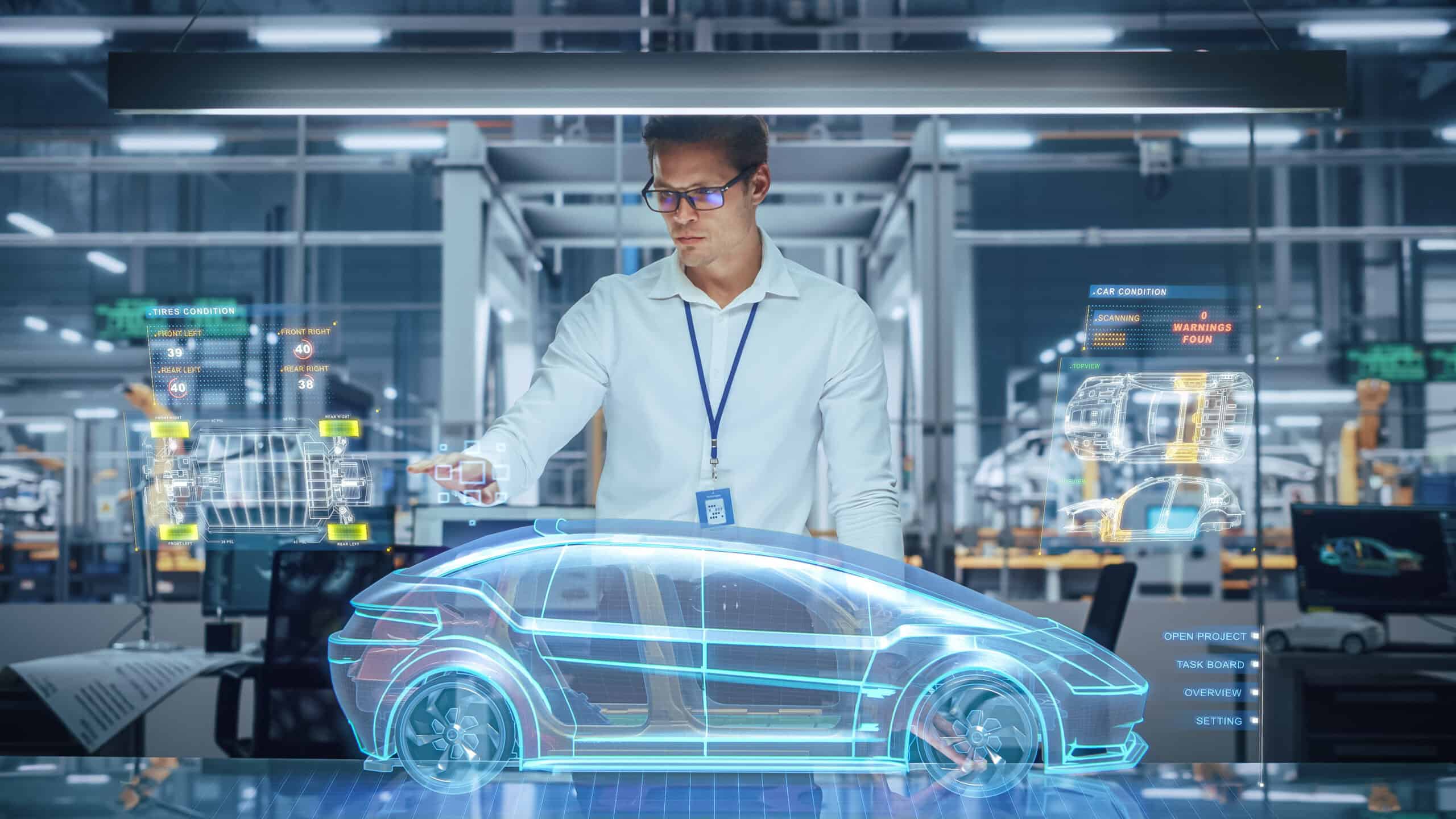 Green Energy Car Design: Automotive Engineer Using Augmented Reality Hologram to Construct 3D Model of High-Tech Electric Vehicle Optimizing Battery Efficiency. Automated Robot Arm Manufacturing