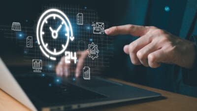 Business person with time management activity to improve productivity, process optimization and lean organization. Business and production improvement by time and resource planning for more profit