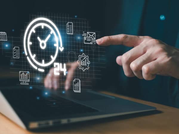 Business person with time management activity to improve productivity, process optimization and lean organization. Business and production improvement by time and resource planning for more profit