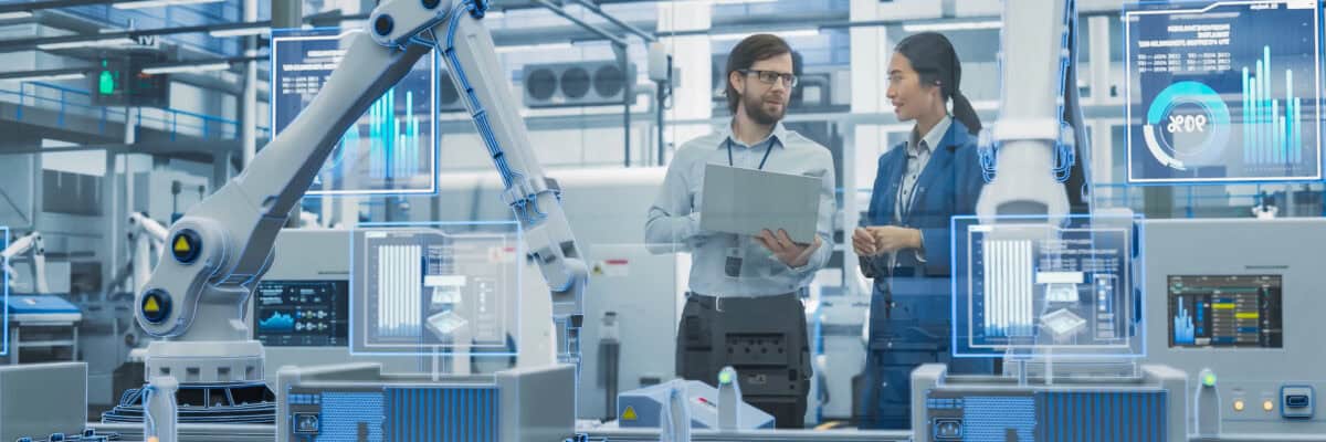 Electronics Factory Assembly Line Digitalization: Automated Robot Arms Manufacturing Equipment. Managers Discussing Work while Futuristic AI Computer Vision Analyzing, Scanning Conveyor Line