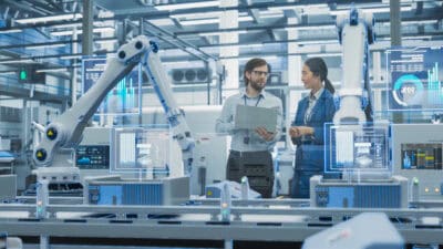 Electronics Factory Assembly Line Digitalization: Automated Robot Arms Manufacturing Equipment. Managers Discussing Work while Futuristic AI Computer Vision Analyzing, Scanning Conveyor Line